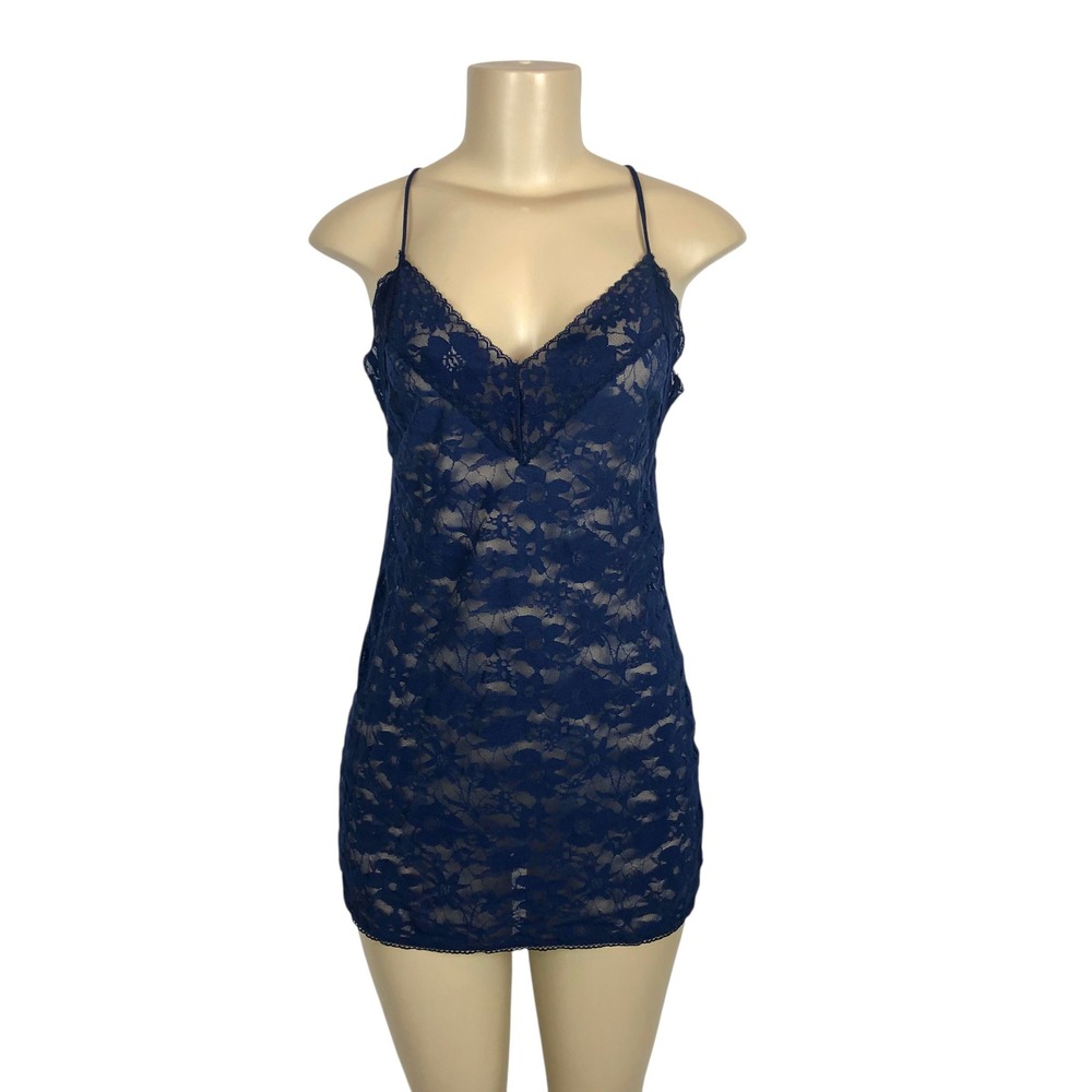 Victorias Secret Sheer Lace Chemise Nightgown Lingerie Dress Small Navy Y2K Sexy